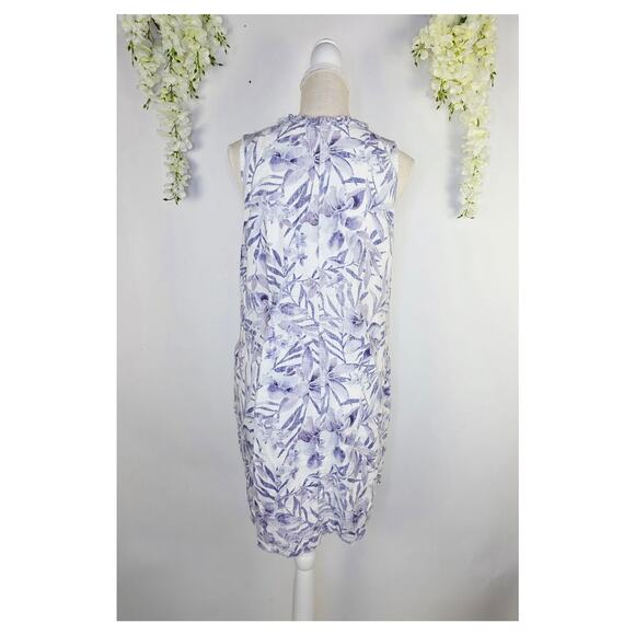 Tommy Bahama Two Palms Linen Dress Large Purple Floral V-Neck Ruffle Tropical - Picture 3 of 13